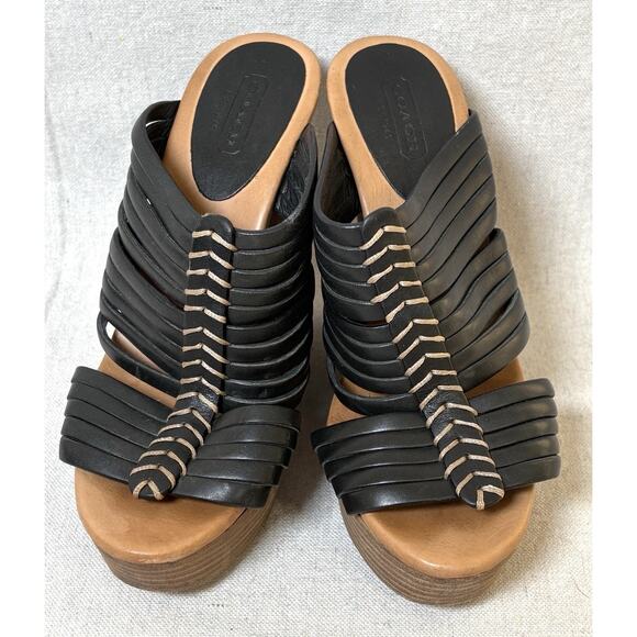 Coach Women’s 6.5 Black Leather Bristol Strappy Wedge Sandals - Picture 2 of 7